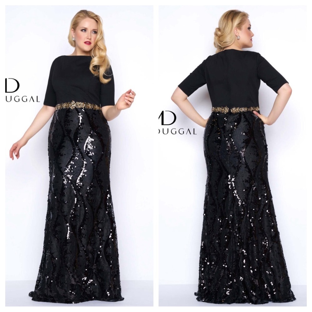 MAC DUGGAL Black Short Sleeve Lace Beaded Sequin Gown Dress Boat Neck Size 16